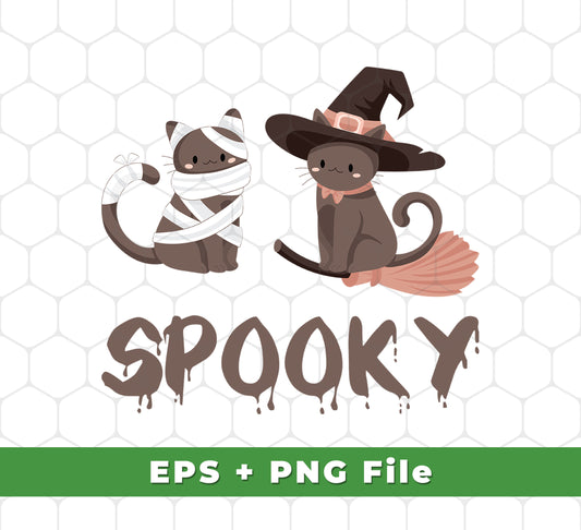 Get ready to spook your customers with this SVG and PNG set featuring a spooky cat, a horror cat, and a cat flying a broom. Perfect for Halloween designs, these files will add a touch of the supernatural to your projects.