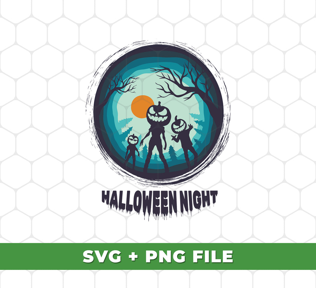 "Halloween Night, Pumpkinman, Horror Halloween" SVG/PNG files offer high-quality designs for sublimation. They are perfect for parties, decorations, and apparel. Download and enjoy the perfect Halloween prints!