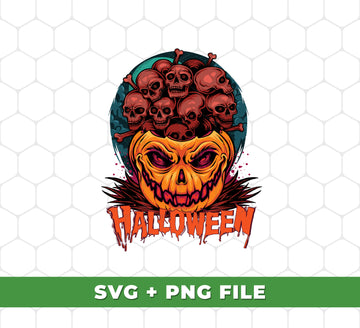 Spook out your Halloween decorations with this dread Halloween pumpkin head with full of skull SVG file and PNG Sublimation. Easily add this design to your decorations and transform any space into a spooky, haunted location.