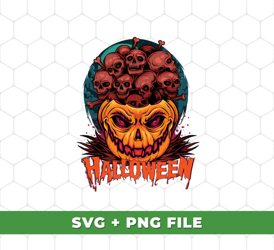 Spook out your Halloween decorations with this dread Halloween pumpkin head with full of skull SVG file and PNG Sublimation. Easily add this design to your decorations and transform any space into a spooky, haunted location.