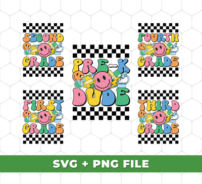 Get PreK Dude, Groovy Back To School and Baby School designs with SVG and PNG Sublimation files. Perfect for designing t-shirts, mugs, and other products. Get started with your fun-filled Back To School designs.