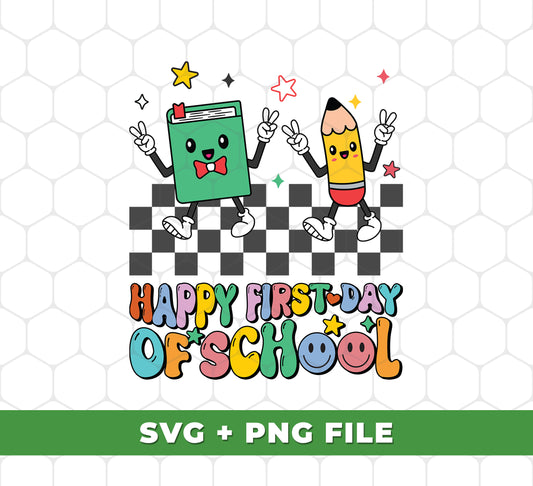 This bundle includes everything you need for a memorable First Day of School. The design features a cheerful book and pencil design, SVG files and PNG sublimation for easy printing. Perfect for creating a variety of products.