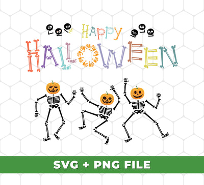 Make Halloween spookier with this set of Happy Halloween, Skeleton Dancing, Funny Halloween Svg Files and Png Sublimation. Perfect for party decorations, this set is sure to make any Halloween gathering memorable.