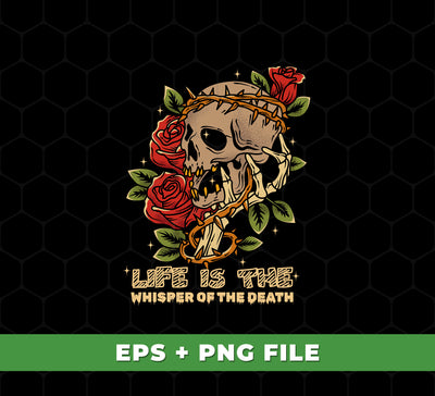 This special digital graphic design comes with multiple file formats, including SVG and PNG formats. The design features a life-like skull with intricate roses cascading down, making it suitable for projects such as t-shirts, mugs, and more. Download and enjoy!