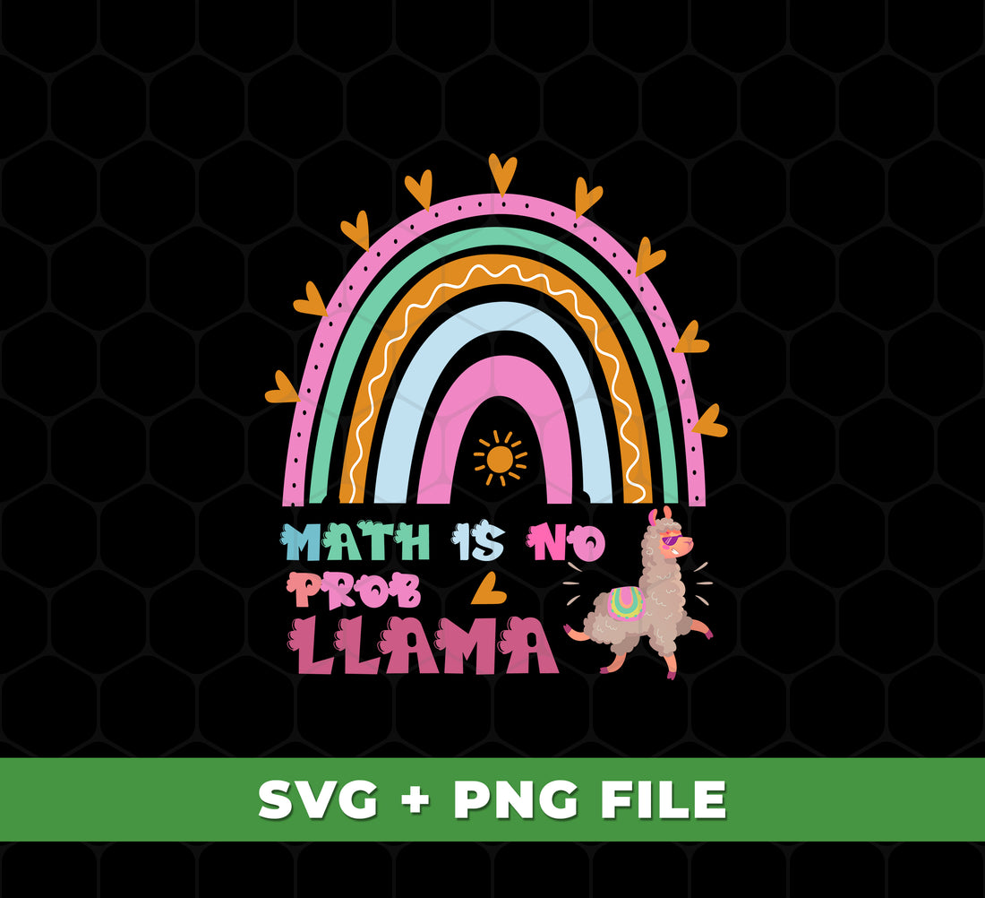 Immerse yourself in a rainbow of math with this fun collection of SVG and PNG files. Featuring 'Math Is No Problem' and 'No Prob-llama' images, it's the perfect way to tackle any math equation with ease.