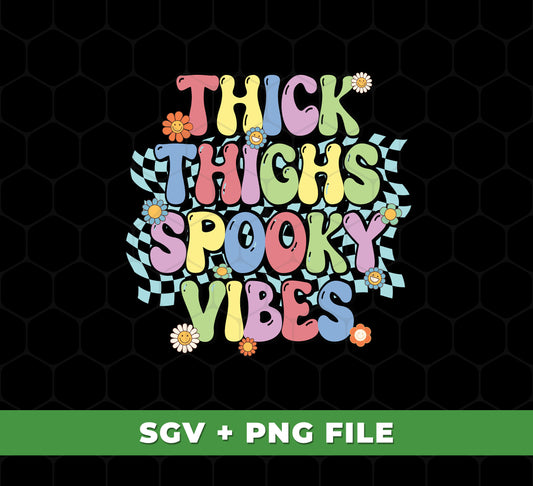 Thick Thighs Spooky Vibes, Spooky Boo, Groovy Boo, Svg Files, and Png Sublimation are the perfect bundle of svg and png sublimation files for design projects of all kinds. These spooky- and groovy-themed files are compatible with a variety of applications and have a high resolution of up to 300 dpi.