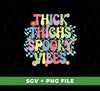 Thick Thighs Spooky Vibes, Spooky Boo, Groovy Boo, Svg Files, and Png Sublimation are the perfect bundle of svg and png sublimation files for design projects of all kinds. These spooky- and groovy-themed files are compatible with a variety of applications and have a high resolution of up to 300 dpi.