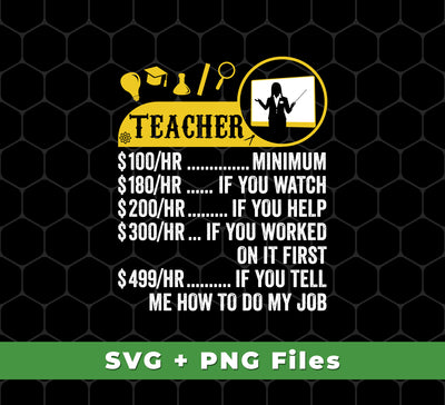 This incredible package includes Teacher Hourly Rate, Funny Teacher, Best Of Teacher, Svg Files, and Png Sublimation. These files are perfect for creating fun designs for t-shirts, mugs, or other items. The files are professionally made and are completely customizable so you can create the perfect design every time.