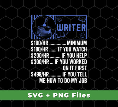 This bundle contains Writer Hourly Rate, Funny Writer, Best of Writer, Svg Files, and Png Sublimation. With this collection, you'll be able to easily create high-quality custom designs for any project. Enjoy the freedom to mix and match the different elements to create your own unique look.