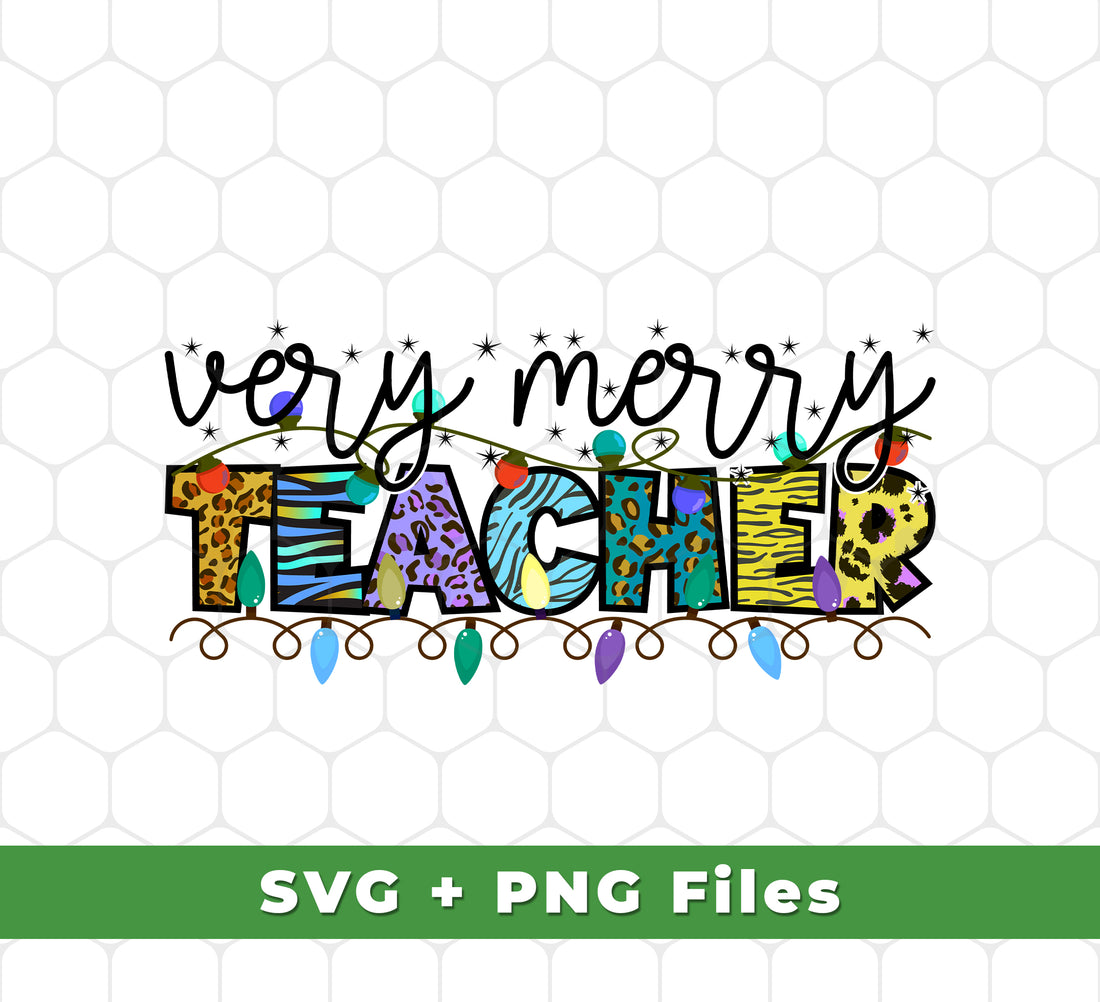 This set of Merry Christmas SVG and PNG files will make your holiday season merry and bright! Perfect for sublimation designs, this collection features a festive Very Merry Teacher design and Xmas lights in both SVG and PNG formats. Bring holiday cheer to your projects!