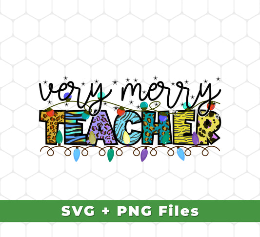 This set of Merry Christmas SVG and PNG files will make your holiday season merry and bright! Perfect for sublimation designs, this collection features a festive Very Merry Teacher design and Xmas lights in both SVG and PNG formats. Bring holiday cheer to your projects!