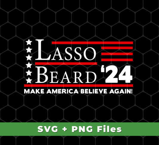 This Lasso Beard 24 digital file set contains high resolution PNG images featuring "Make America Believe Again" and Ted Lasso. Perfect for sublimation projects, these PNG files are perfect for any fan of the hit show.