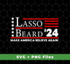 This Lasso Beard 24 digital file set contains high resolution PNG images featuring "Make America Believe Again" and Ted Lasso. Perfect for sublimation projects, these PNG files are perfect for any fan of the hit show.