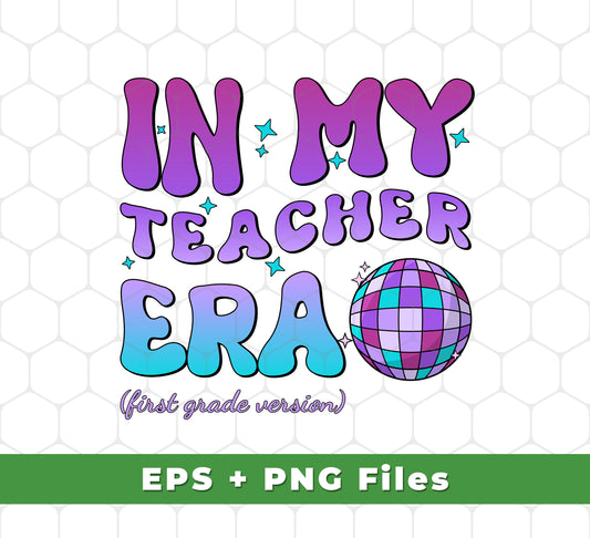 Introducing the In My Teacher Era First Grade Version. This digital set includes a Teacher Era template, png files, and sublimation files. It's perfect for creating visuals to supplement lesson plans and reinforce learning in class.