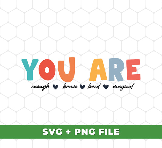 Get five digital files in PNG sublimation -- You Are Enough, Brave, Loved, Imagical and Magical Man-- to show your passion and self-love. Customize your looks with high-resolution files that print beautifully!