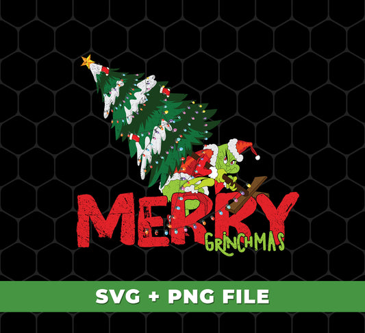 This Grinch-themed Merry Grinchmas and Merry Christmas digital file set includes a high-resolution PNG file, perfect for sublimation printing. Professionally designed, the image features the Grinch with a Christmas tree backdrop. Download and print to create custom gifts for family and friends.