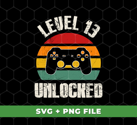 Level 13 Unlocked is a perfect digital design to celebrate your 13rd birthday in a fun and unique way. You will receive digital files in PNG format, ideal for sublimation prints. Capture the fun and nostalgia of retro gaming and get that Level 13 Unlocked!