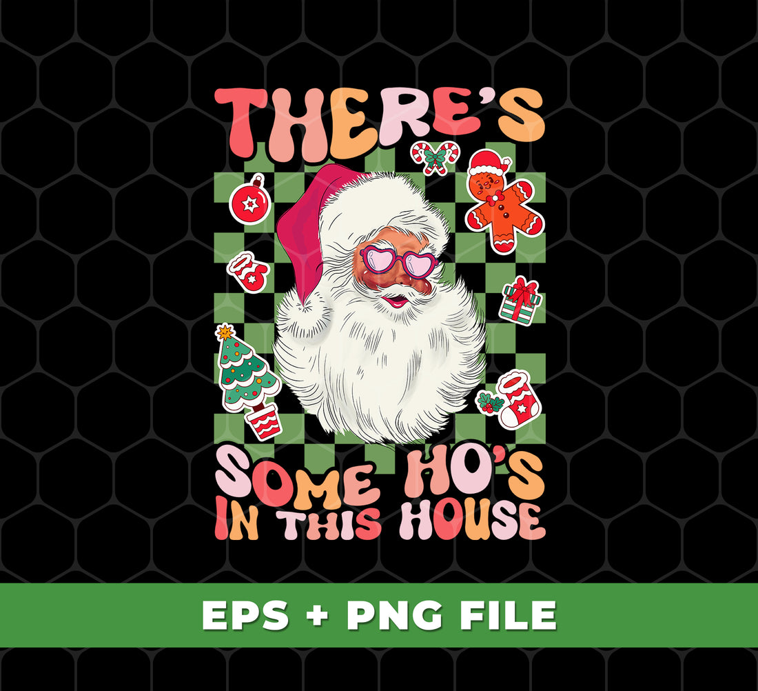 This product contains 5 digital design files for Christmas projects, including festive images such as Santa Claus, There's Some Ho's In This House, and Groovy Christmas. The files are in a .png format for easy sublimation printing.