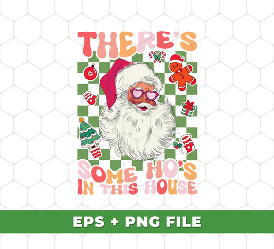 This product contains 5 digital design files for Christmas projects, including festive images such as Santa Claus, There's Some Ho's In This House, and Groovy Christmas. The files are in a .png format for easy sublimation printing.