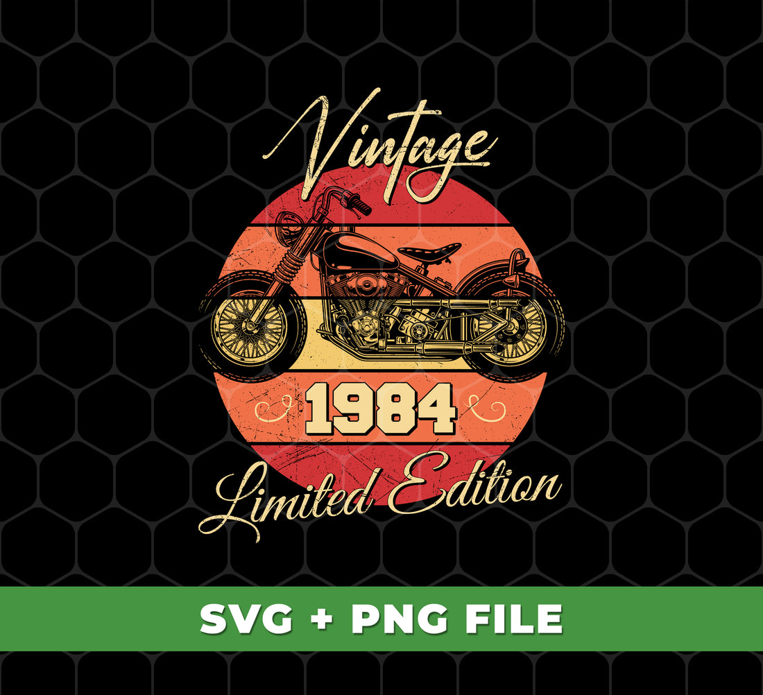 Celebrate the past with this limited-edition collection of vintage-style 1984 Birthday designs. You'll get a 1984 Motorbike with Digital Files and PNG Sublimation to give a classic look to your project. Make your design shine with this timeless collection.