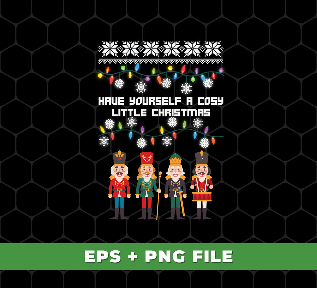 This set of digital files includes four sublimation PNGs, perfect for holiday crafting. Each PNG displays a custom, "Have Your Self A Cosy Little Christmas," Christmas pattern. Use the files to create special holiday gifts or decorations.