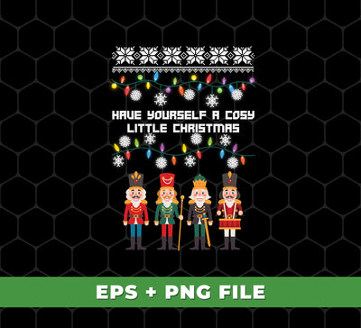 This set of digital files includes four sublimation PNGs, perfect for holiday crafting. Each PNG displays a custom, "Have Your Self A Cosy Little Christmas," Christmas pattern. Use the files to create special holiday gifts or decorations.