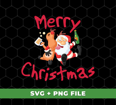 This digital file set includes a festive Merry Christmas greeting with a Drunking Santa, Santa with a cute reindeer, and PNG Sublimation files. Perfect for adding a merry and unique look to all your seasonal designs.