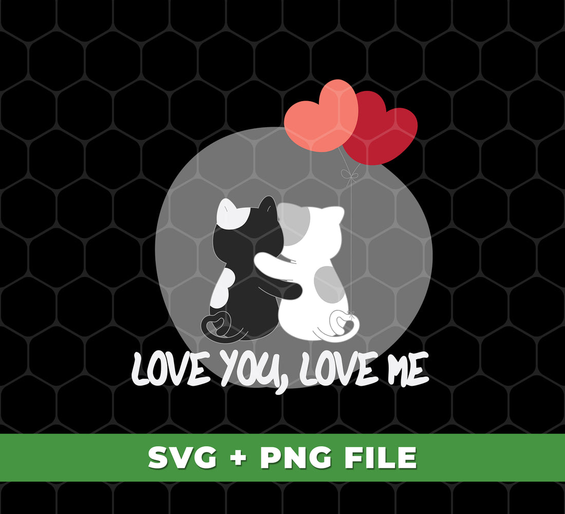 Create your next project with this delightful set of digital files. Featuring one Love You Love Me, one Cute Cat, one Cat Couple, and one Heart Balloon in png sublimation format, this is the perfect set for any design or crafting project.