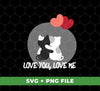 Create your next project with this delightful set of digital files. Featuring one Love You Love Me, one Cute Cat, one Cat Couple, and one Heart Balloon in png sublimation format, this is the perfect set for any design or crafting project.