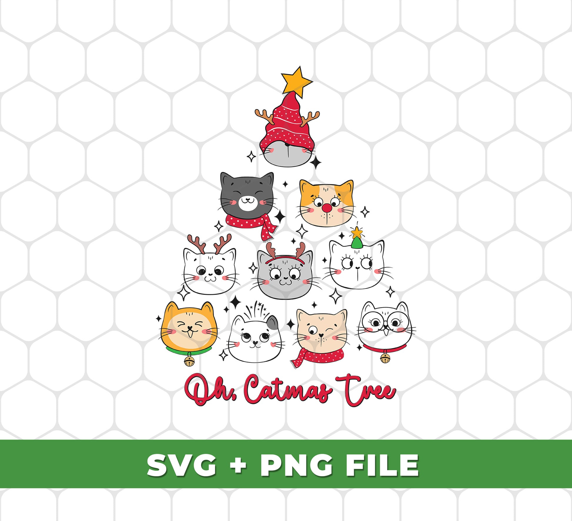 Celebrate Christmas in style with our Catmas Tree design! This Merry Catmas print features a cute cat wearing a trendy Christmas outfit. It's the perfect addition to your holiday decor. Our digital files come in PNG format for easy sublimation printing. Spread the festive cheer with this purrfect design.
