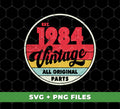 Celebrate with vintage style! The Est 1984, Vintage 1984, 1984 Birthday collection features original parts and digital files in PNG format for seamless sublimation. Perfect for commemorating the birth year of a loved one. Order now and relive the past with a touch of nostalgia.