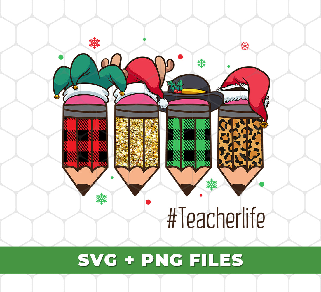 Upgrade your teacher life with this set of trendy Christmas pencils, each one wearing a festive Xmas hat. These digital files come in PNG for easy sublimation. Make the holiday season even more fun with these charming pencils.