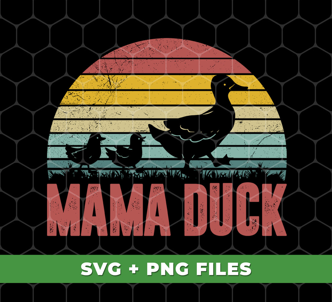 This digital file set features a charming Mama Duck and her adorable duck family in retro style. Perfect for duck lovers and crafters alike, easily incorporate these versatile PNG files into your next project.