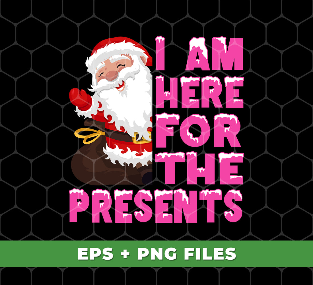Celebrate the holiday season with our "I Am Here For The Presents" digital design. Featuring a funny and cute Santa Claus, this high-quality png file is perfect for sublimation printing. Spread the joy this year with this charming design.