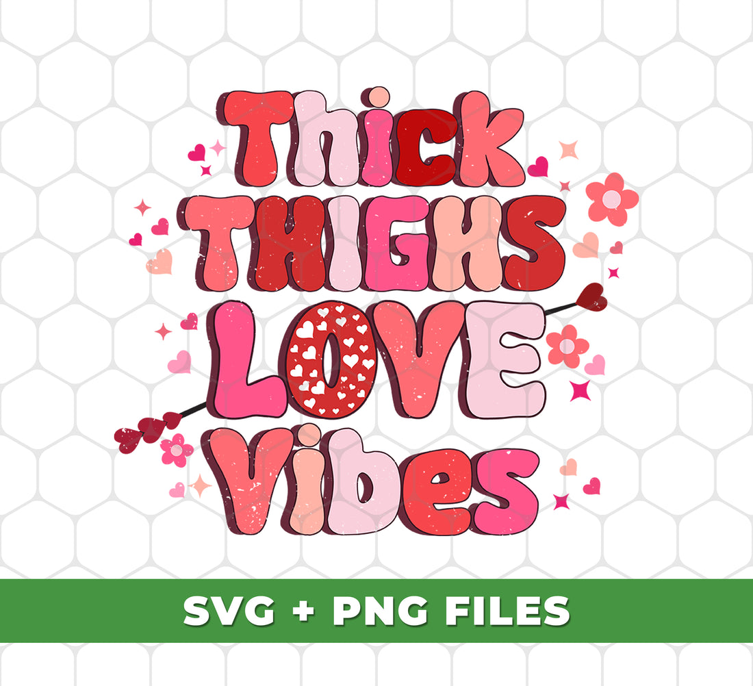 Add some retro vibes to your valentine's apparel with Thick Thighs Love Vibes. These digital files come in PNG format for easy sublimation printing. Share the love with a unique and nostalgic touch.