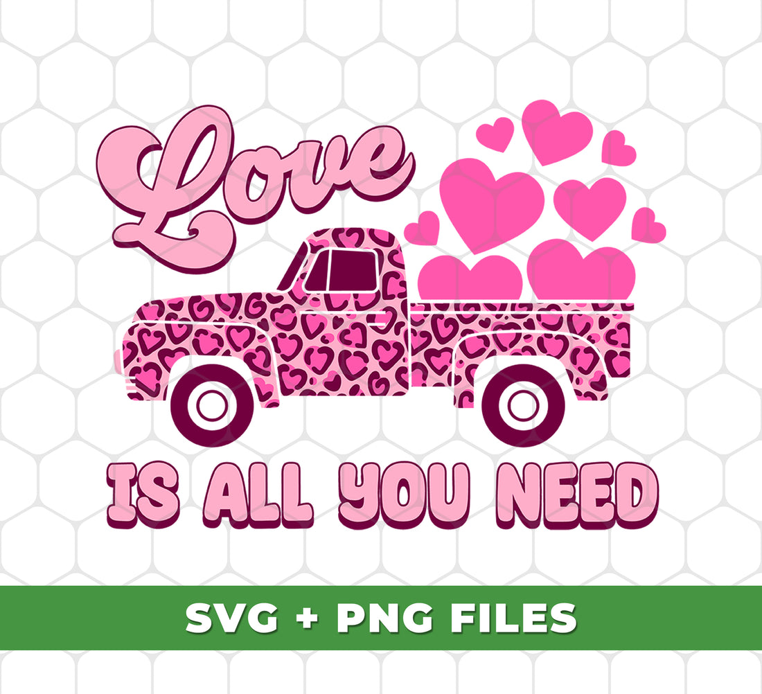 This digital file features a charming design of a truck with a heart-shaped cargo and a car carrying love. Perfect for sublimation projects, this PNG file is a whimsical reminder that love is all you need when you hit the road.