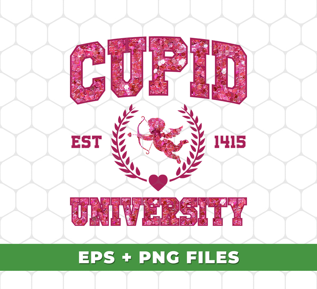 Learn the art of love with Cupid University, established in 1415. This glittery pink Cupid and Valentine design includes digital files and png sublimation for easy use. Become a love expert with Cupid University today.