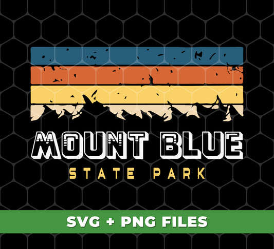 Explore the beauty of Mount Blue with our Retro Mount Blue digital files. Featuring the iconic Mount Blue State Park silhouette, these Png Sublimation images are perfect for capturing nostalgic memories. Enhance your designs with this timeless mountain landscape.