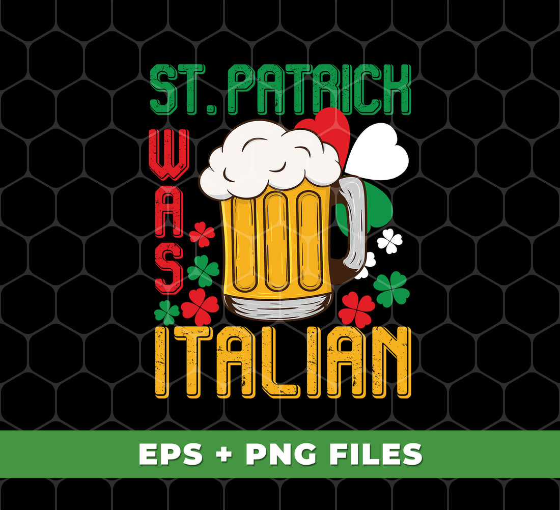 Celebrate St. Patrick's Day with this digital bundle of Italian-inspired designs. Featuring "St. Patrick Was Italian" and "Love Patrick's Day" designs, as well as a fun beer graphic and PNG sublimation files, this bundle is perfect for all your holiday crafting needs. Impress your friends with a unique and culturally rich design!