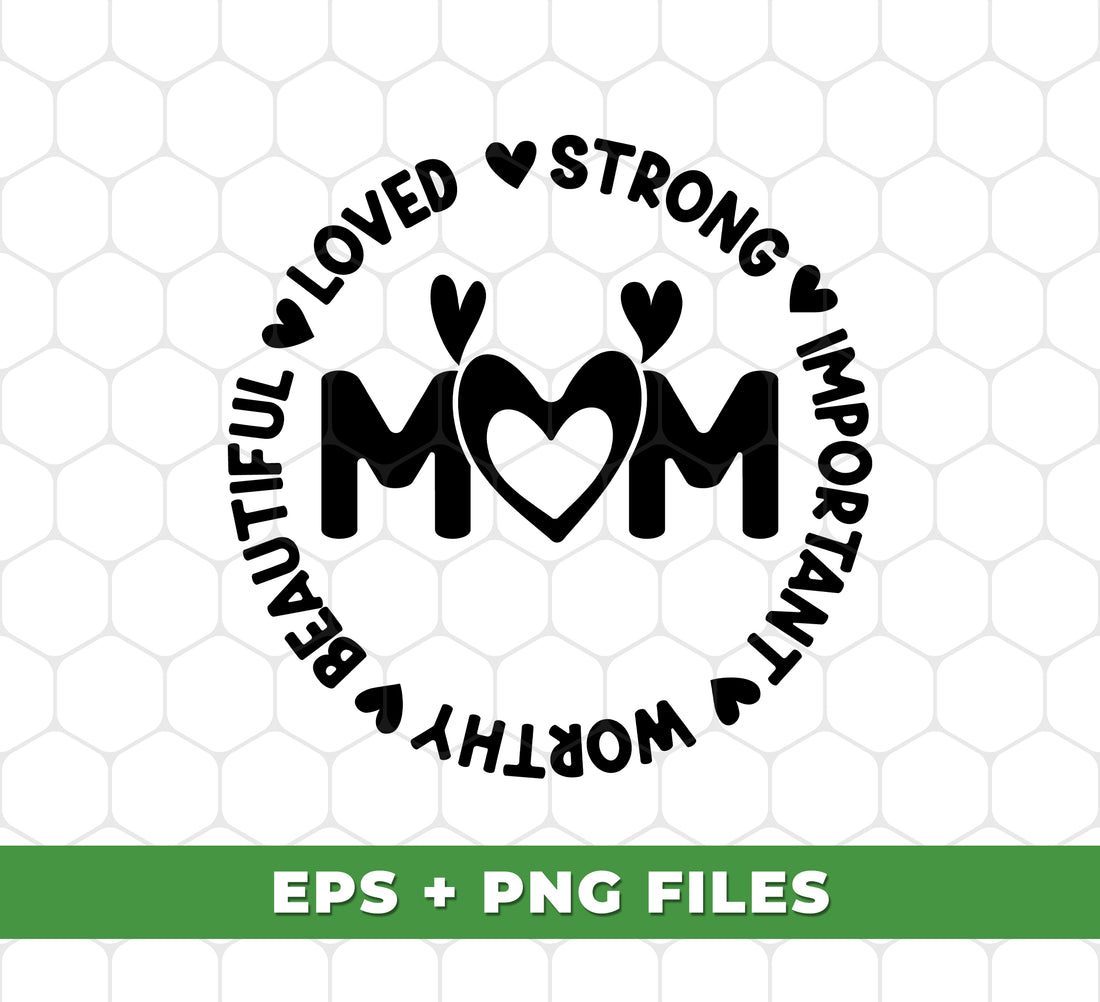 This digital file set features a collection of powerful messages, including "Love Mom", "Strong Mom", "Important", and "Worthy and Beautiful". These high-quality PNG files can be used for sublimation projects, providing a meaningful and inspiring touch to your creations. Show your love and appreciation for moms with these impactful designs.