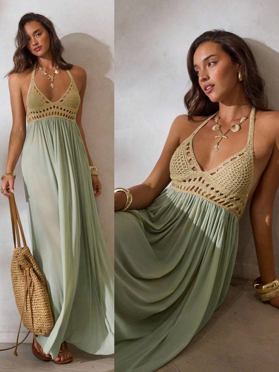Effortless elegance meets coastal charm in this sage green crochet mesh dress. The deep V-neckline creates a flattering silhouette while the intricate mesh detailing adds texture and visual interest. Perfect for beach vacations, resort wear, or casual summer outings, this piece transitions seamlessly from day to evening. The breathable crochet construction keeps you cool in warm weather, while the sophisticated color complements all skin tones. Pair with sandals and sunglasses for an understated look