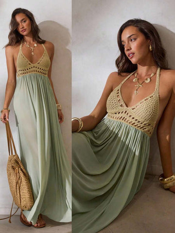 Effortless elegance meets coastal charm in this sage green crochet mesh dress. The deep V-neckline creates a flattering silhouette while the intricate mesh detailing adds texture and visual interest. Perfect for beach vacations, resort wear, or casual summer outings, this piece transitions seamlessly from day to evening. The breathable crochet construction keeps you cool in warm weather, while the sophisticated color complements all skin tones. Pair with sandals and sunglasses for an understated look