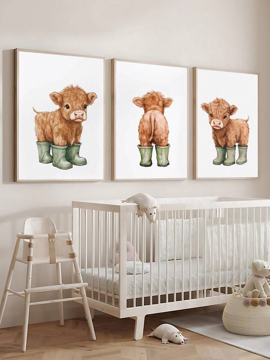 Framed calf watercolor prints displayed in nursery room