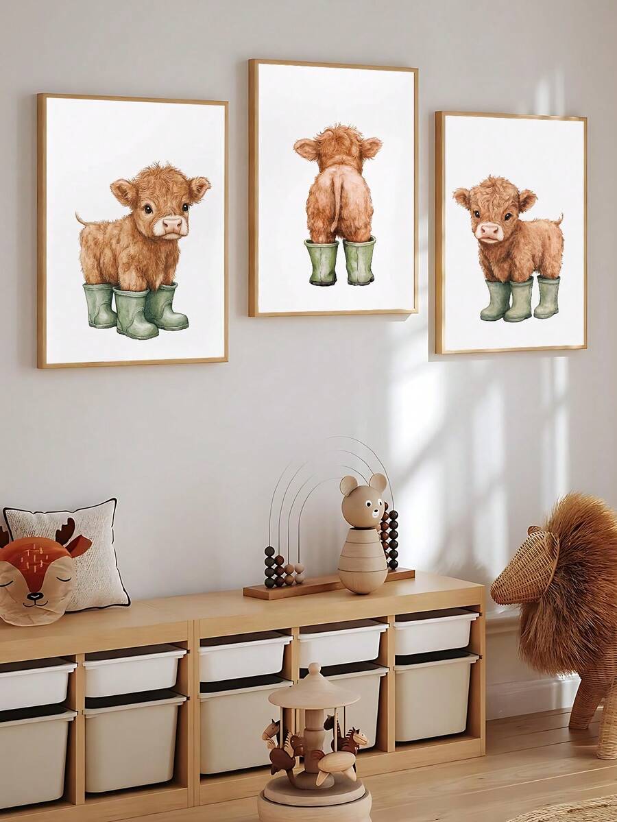Highland calf nursery art with green rain boots front view