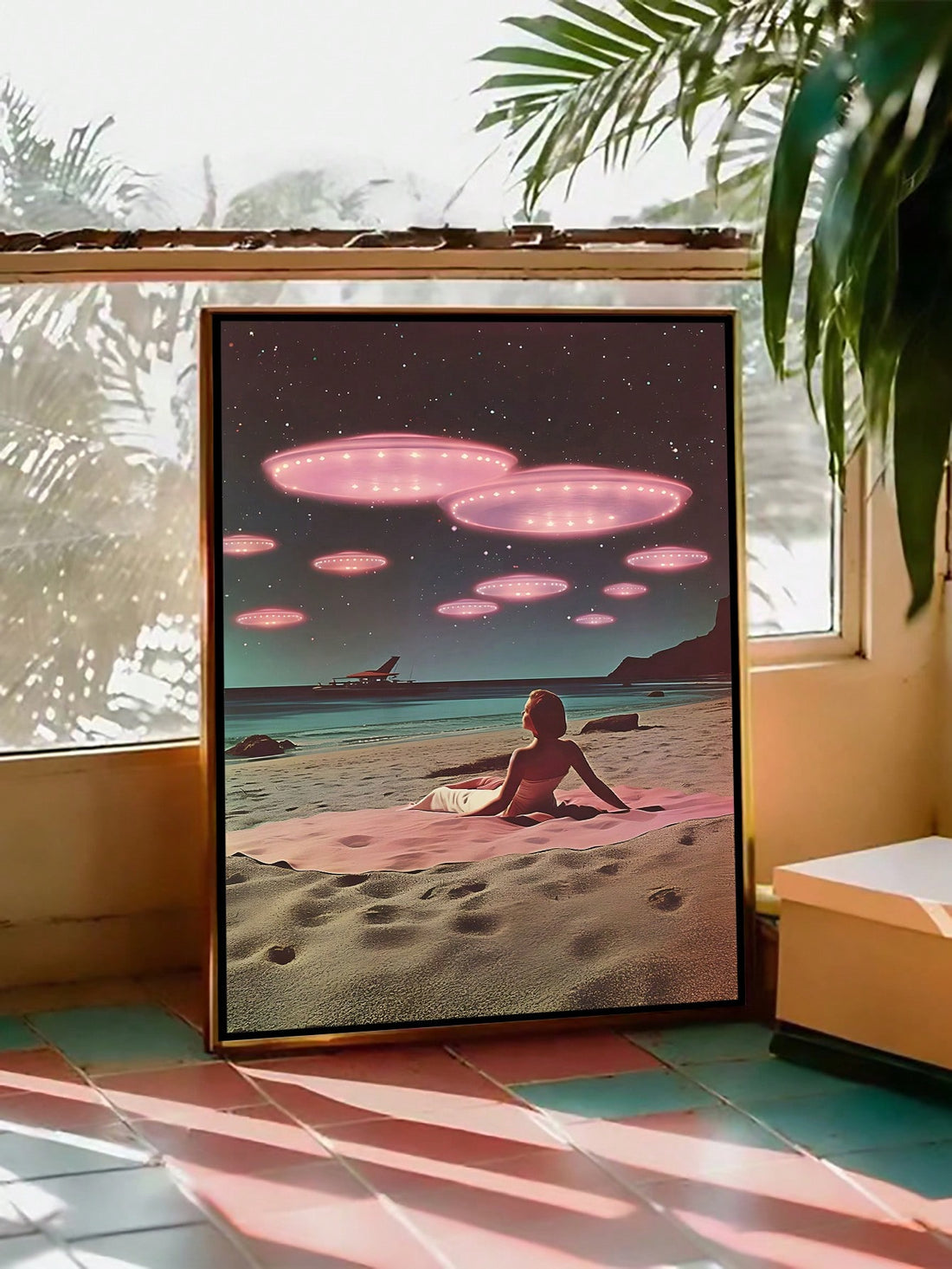 Transform your living space into an otherworldly escape with our Sci-Fi Encounter canvas print. Featuring a UFO and alien beach scene, this modern wall art poster adds a touch of intrigue to any bedroom or living room. Expertly crafted for a sleek and unique look.
