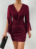 Celebrate the New Year in style with our Sequin Sleeve Bodycon Dress in Wine Red. This elegant dress features stunning sequin sleeves that will make you shine all night long. Say cheers to the New Year in this playful, yet sophisticated dress!