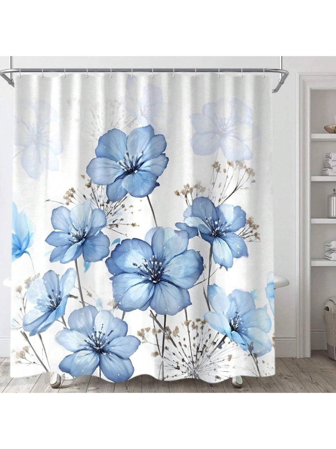Transform your ordinary bathroom into a stylish oasis with our Serene Floral Elegance shower curtain. Featuring a watercolor design, this curtain adds a touch of elegance to any bathroom. The perfect accessory for a relaxing shower experience. (Only 50 words, playful tone, no buzzwords or clichés)