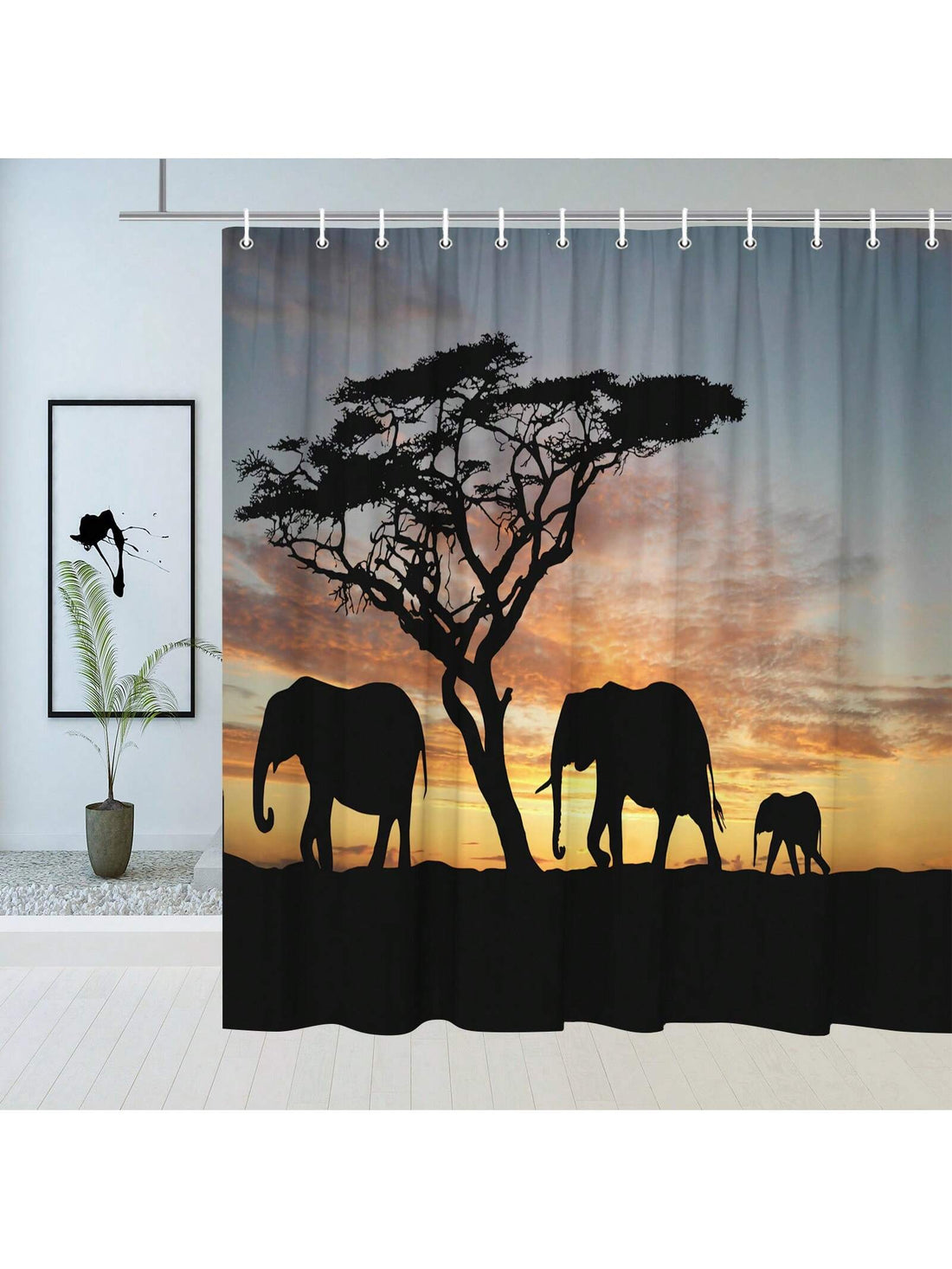 Add a touch of whimsy to your bathroom with the Serene Safari: Elephant Sunset Shower Curtain. This nature-inspired curtain features a peaceful elephant silhouette against a beautiful sunset backdrop, creating a serene atmosphere. Perfect for any nature-lover looking to add some charm to their bathroom.