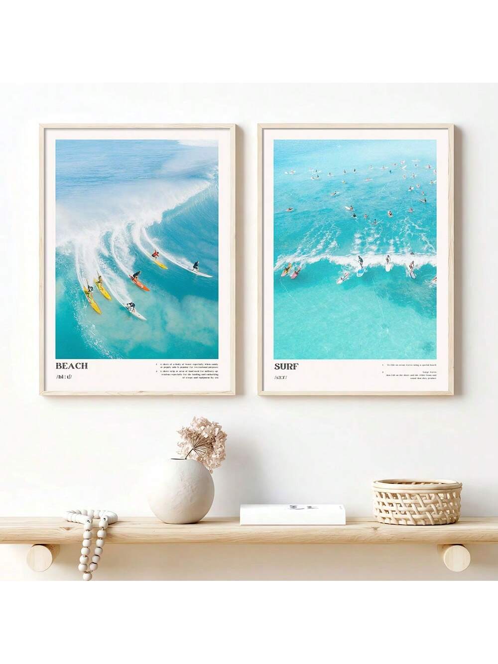 Add a vintage beachy touch to your modern living space with this set of 2 frameless coastal surf girl art prints. Perfect for art lovers and beach enthusiasts, these prints are sure to bring a playful and quirky vibe to any room. Hang them up and feel the surf vibes all day long!