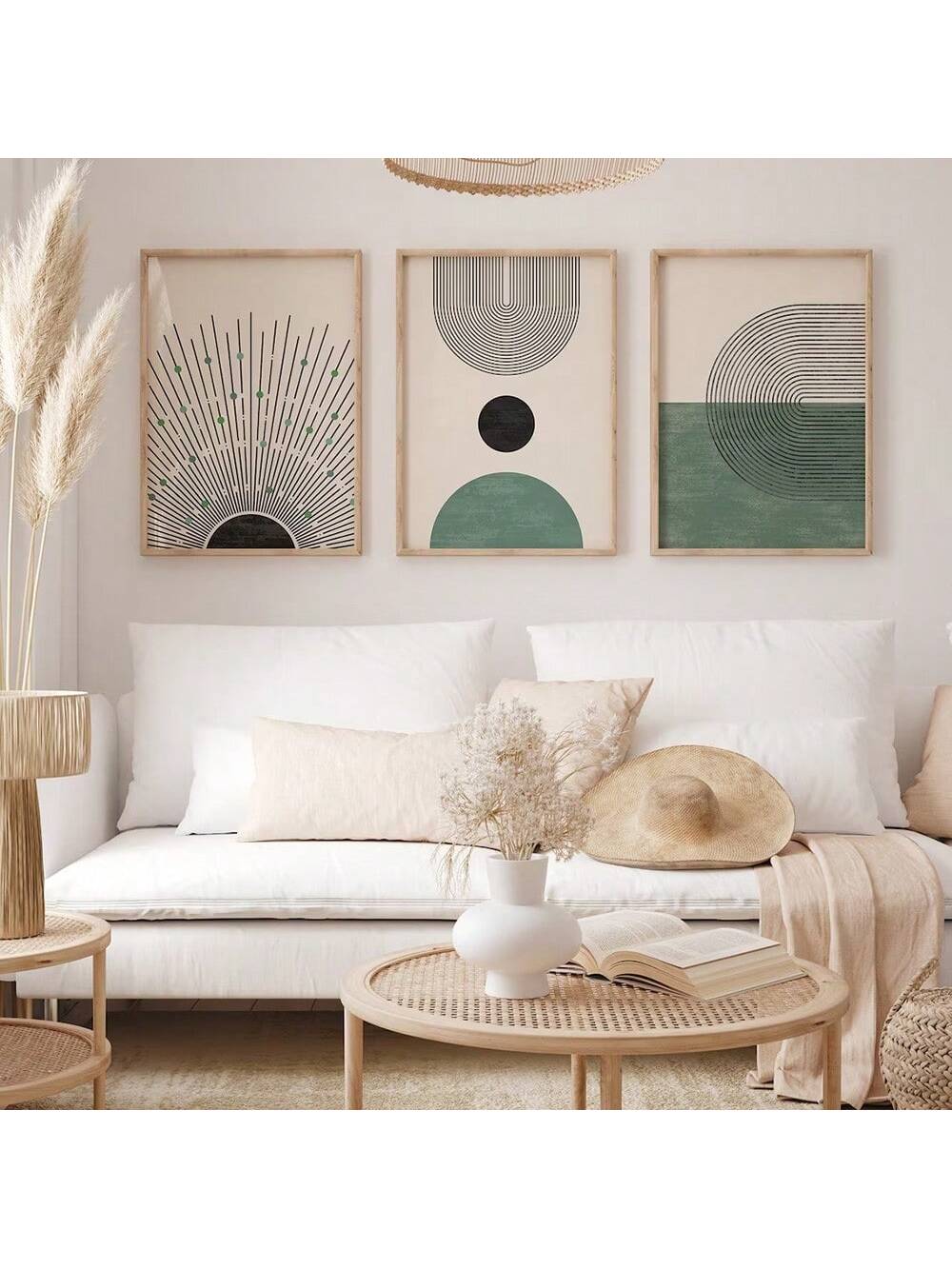 Add a chic touch to your home décor with this set of 3 green modern boho geometry canvas prints. Featuring abstract mid-century designs, these wall art pieces will elevate any room. A perfect addition for those seeking a unique and playful touch to their living space.